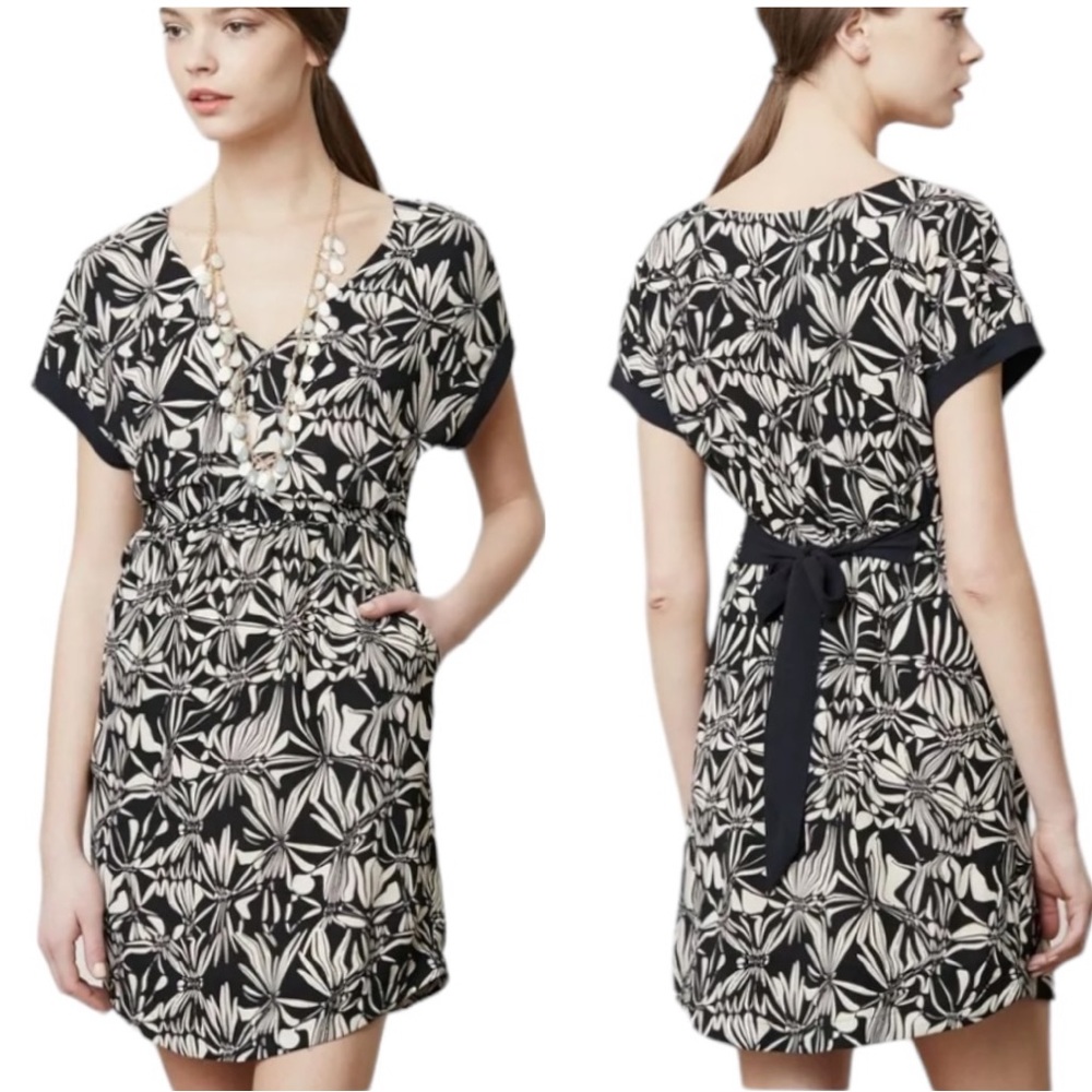 Anthro Postmark Sonata Black & Cream Floral Bow Tie Detail Mini Dress - XS
